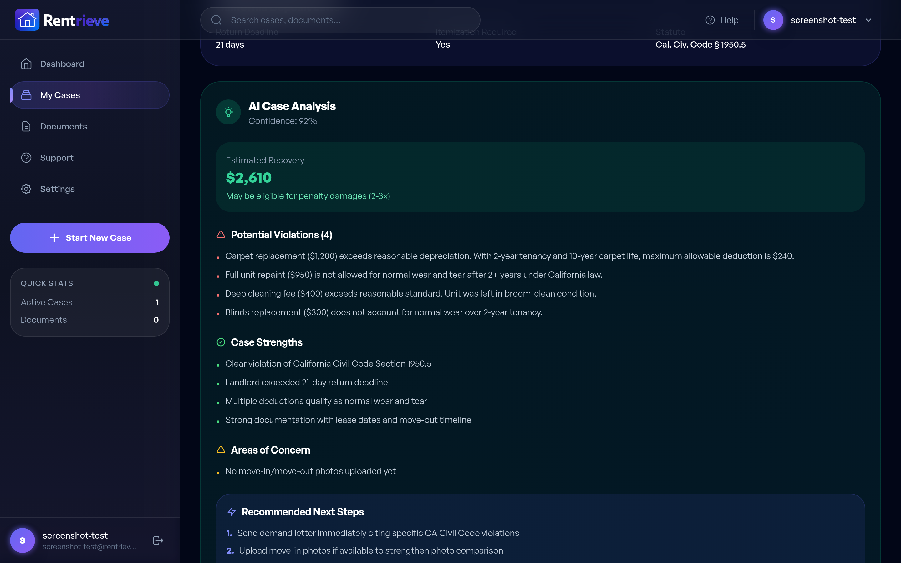 AI Analyzes Your Case - Rentrieve Dashboard